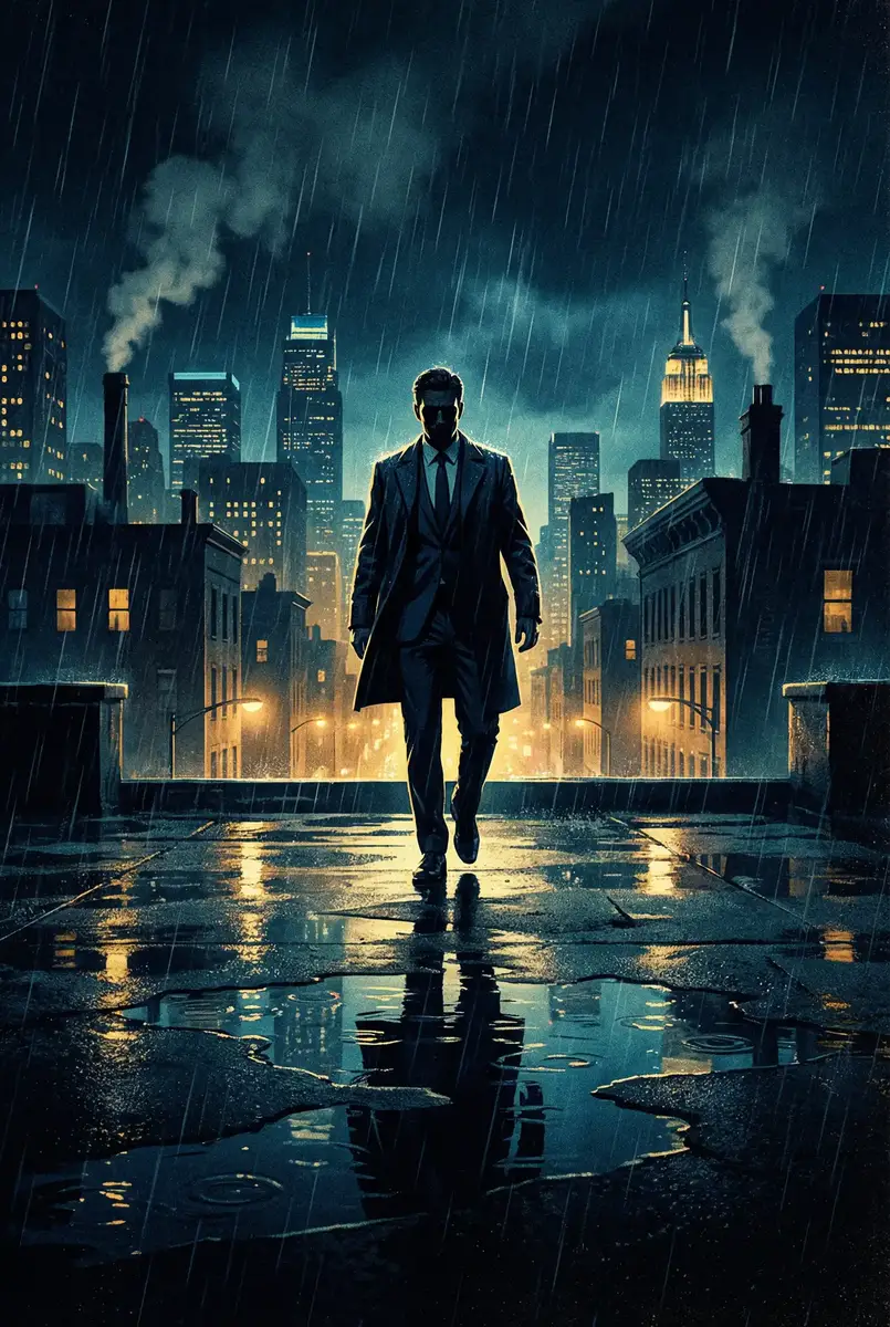 百万富翁的初恋 出品影片《雨夜独行者》海报，雨中城市屋顶男性剪影